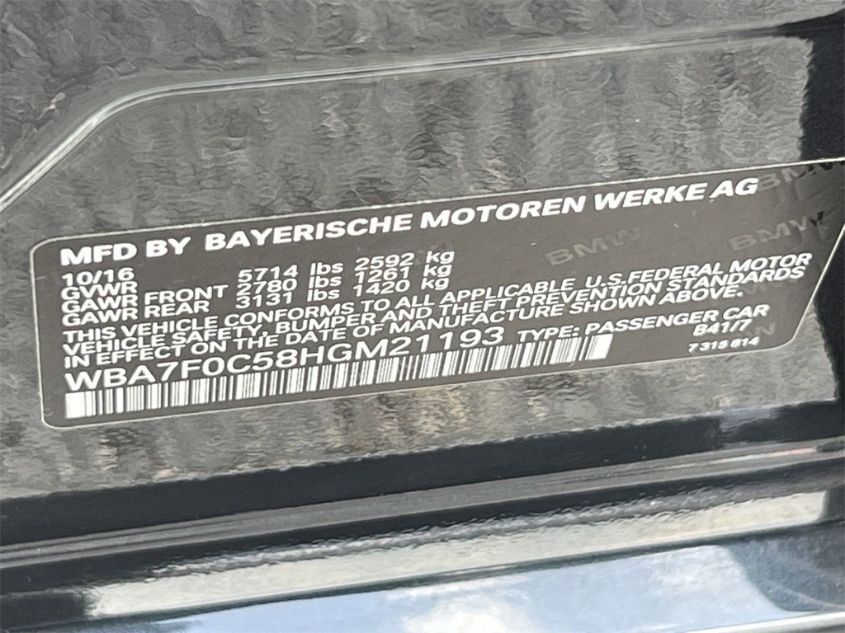 2017 BMW 7 SERIES 750I WBA7F0C58HGM21193