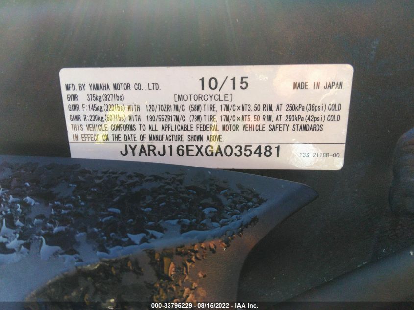 2016 YAMAHA YZFR6 JYARJ16EXGA035481
