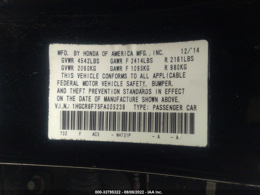 2015 HONDA ACCORD HYBRID TOURING 1HGCR6F75FA005239