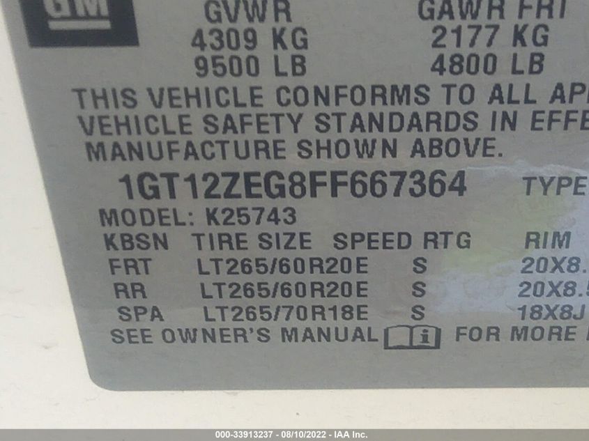 2015 GMC SIERRA 2500HD SLT 1GT12ZEG8FF667364