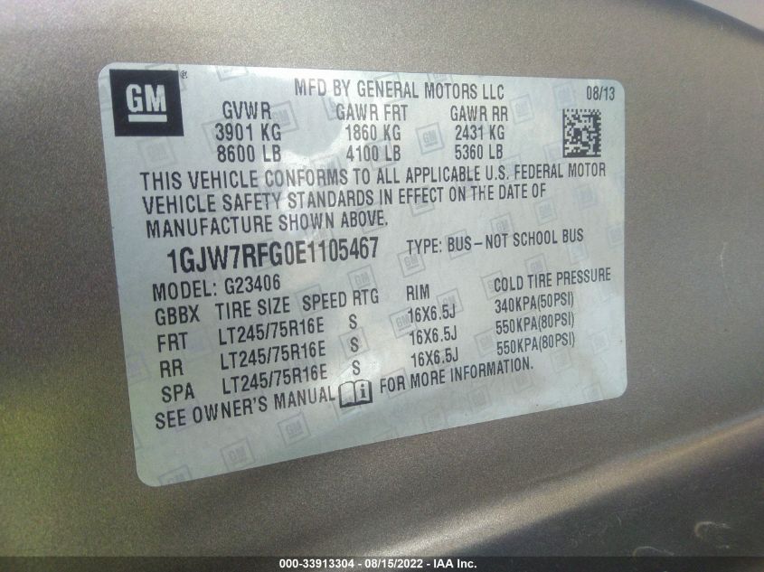 2014 GMC SAVANA PASSENGER LT 1GJW7RFG0E1105467