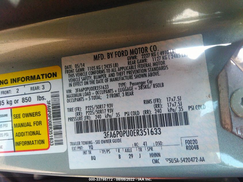 2014 FORD FUSION ENERGI SE LUXURY 3FA6P0PU0ER351633