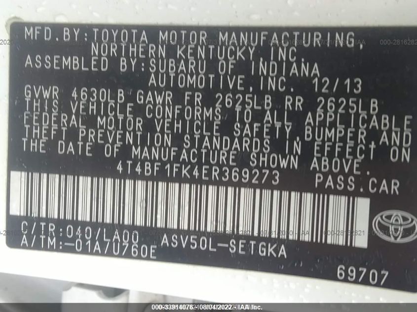 2014 TOYOTA CAMRY L/LE/XLE/SE/SE SPORT 4T4BF1FK4ER369273