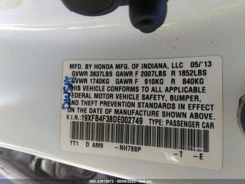 2013 HONDA CIVIC HYBRID 19XFB4F38DE002749