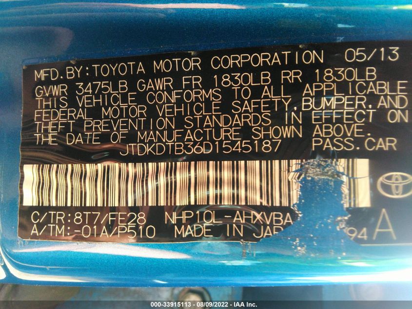 2013 TOYOTA PRIUS C ONE/TWO/THREE/FOUR JTDKDTB36D1545187