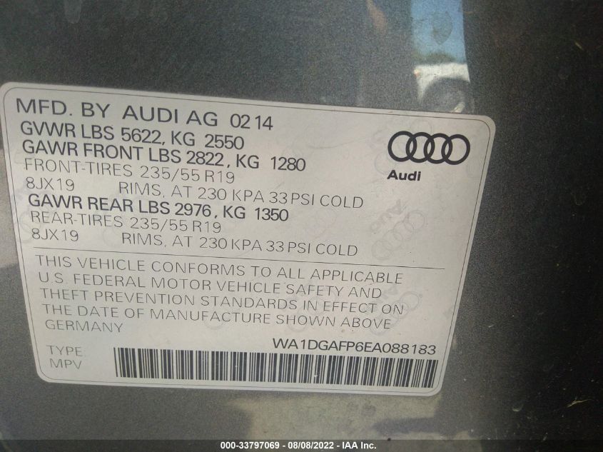 2014 AUDI Q5 PREMIUM PLUS WA1DGAFP6EA088183