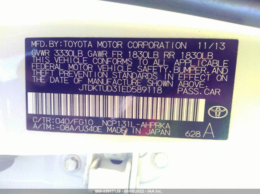 2014 TOYOTA YARIS LE JTDKTUD31ED589118