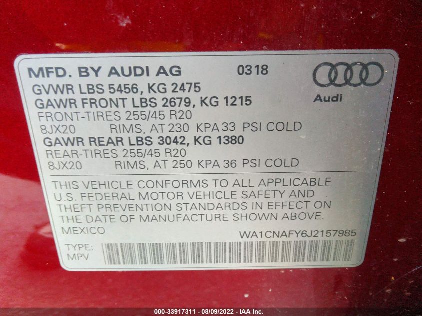 VIN WA1CNAFY6J2157985 2018 AUDI Q5 no.9