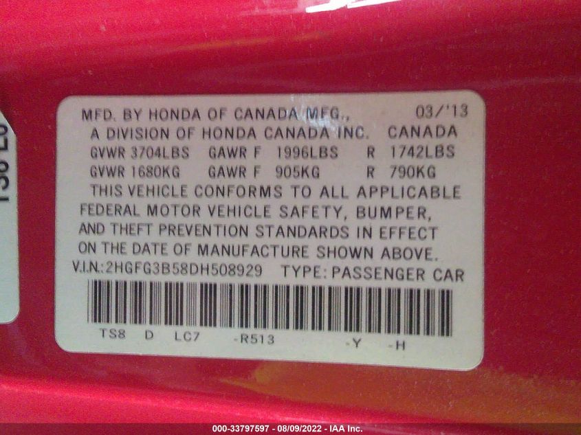 2013 HONDA CIVIC CPE LX 2HGFG3B58DH508929