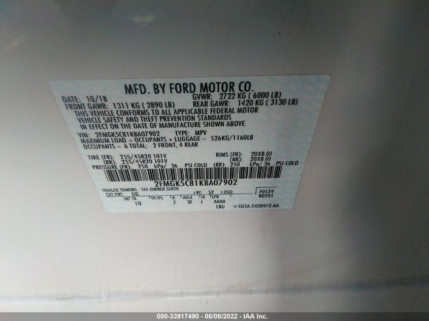 2019 FORD FLEX SEL 2FMGK5C81KBA07902