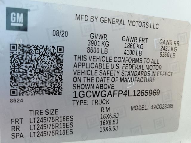 2020 CHEVROLET EXPRESS CARGO VAN 1GCWGAFP4L1265969