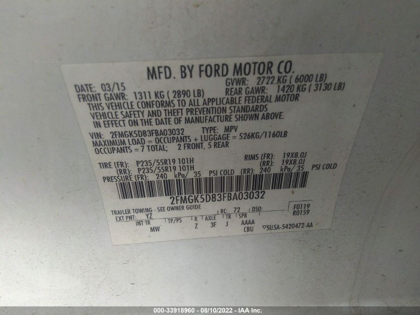 2015 FORD FLEX LIMITED 2FMGK5D83FBA03032