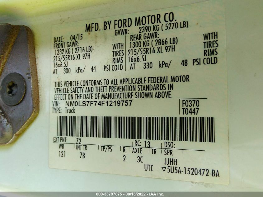2015 FORD TRANSIT CONNECT XLT NM0LS7F74F1219757