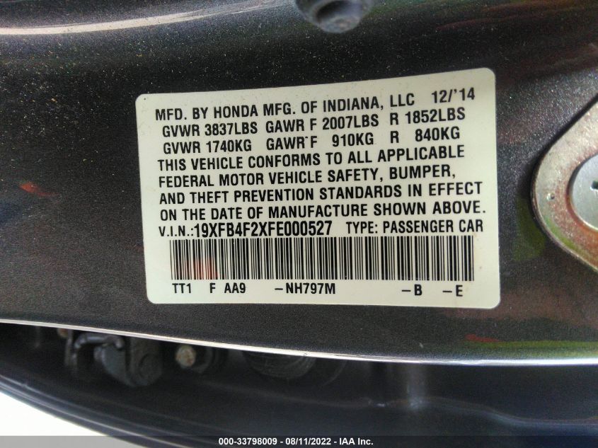 2015 HONDA CIVIC HYBRID 19XFB4F2XFE000527