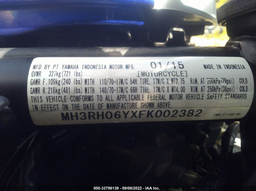 2015 YAMAHA YZFR3 MH3RH06YXFK002382