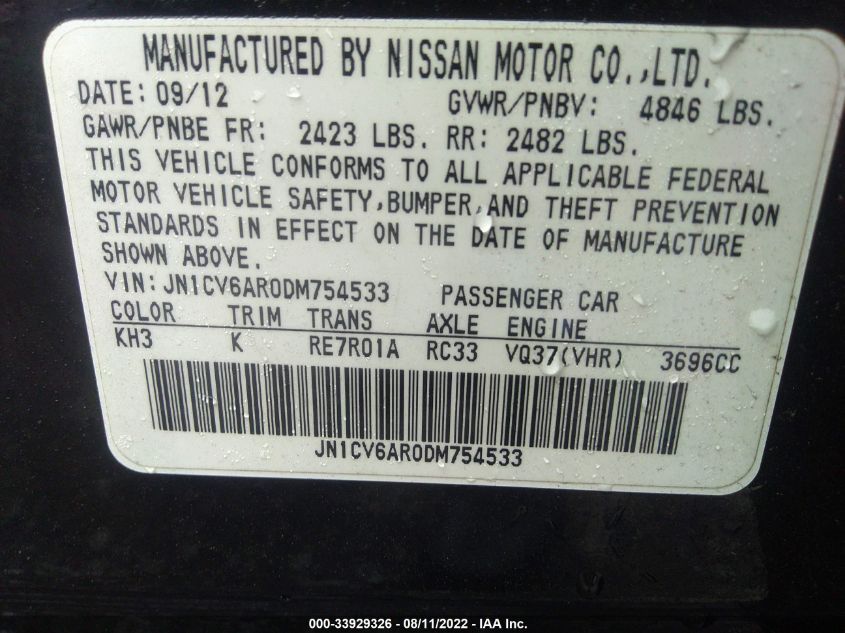 2013 INFINITI G37 SEDAN X JN1CV6AR0DM754533