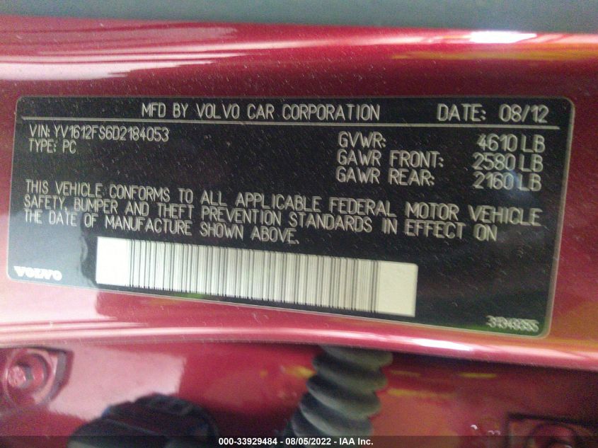 2013 VOLVO S60 T5 YV1612FS6D2184053