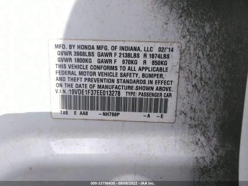 2014 ACURA ILX 19VDE1F37EE013278