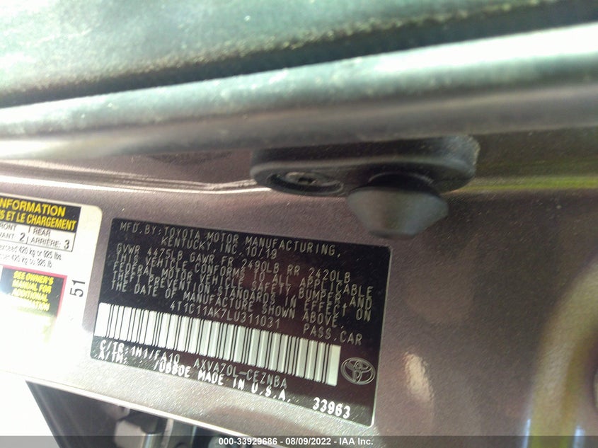 VIN 4T1C11AK7LU311031 2020 TOYOTA CAMRY LE