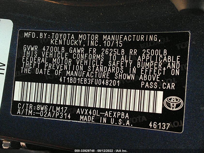 2015 TOYOTA AVALON HYBRID XLE TOURING/LIMITED 4T1BD1EB3FU048201