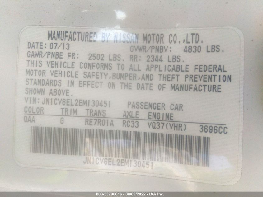 2014 INFINITI Q60 JOURNEY/IPL JN1CV6EL2EM130451