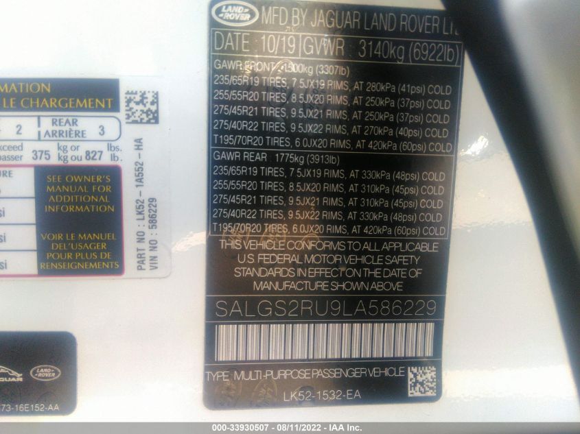 2020 LAND ROVER RANGE ROVER HSE SALGS2RU9LA586229