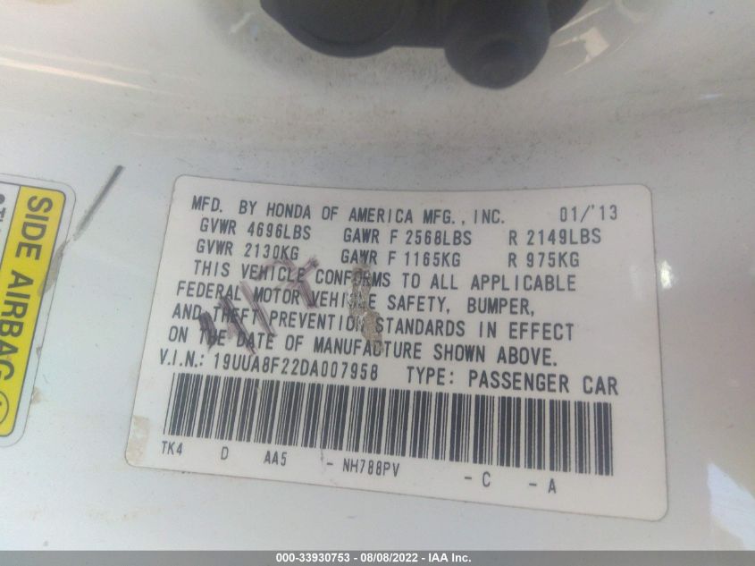 2013 ACURA TL 19UUA8F22DA007958