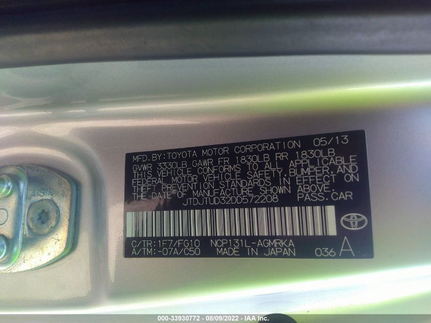 2013 TOYOTA YARIS L/LE JTDJTUD32DD572208