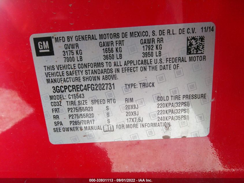 2015 CHEVROLET SILVERADO 1500 LT 3GCPCREC4FG202731
