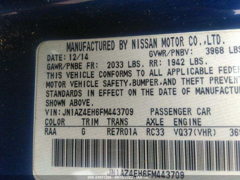 2015 NISSAN 370Z JN1AZ4EH6FM443709