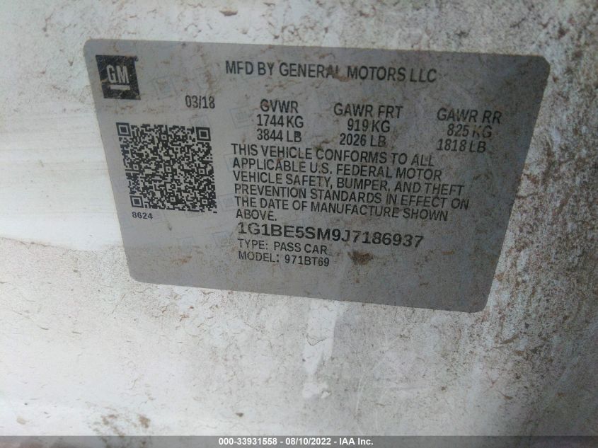 2018 CHEVROLET CRUZE LT 1G1BE5SM9J7186937