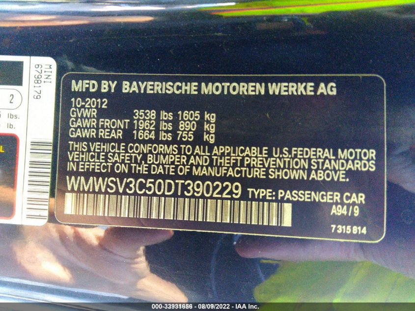 2013 MINI COOPER HARDTOP S WMWSV3C50DT390229
