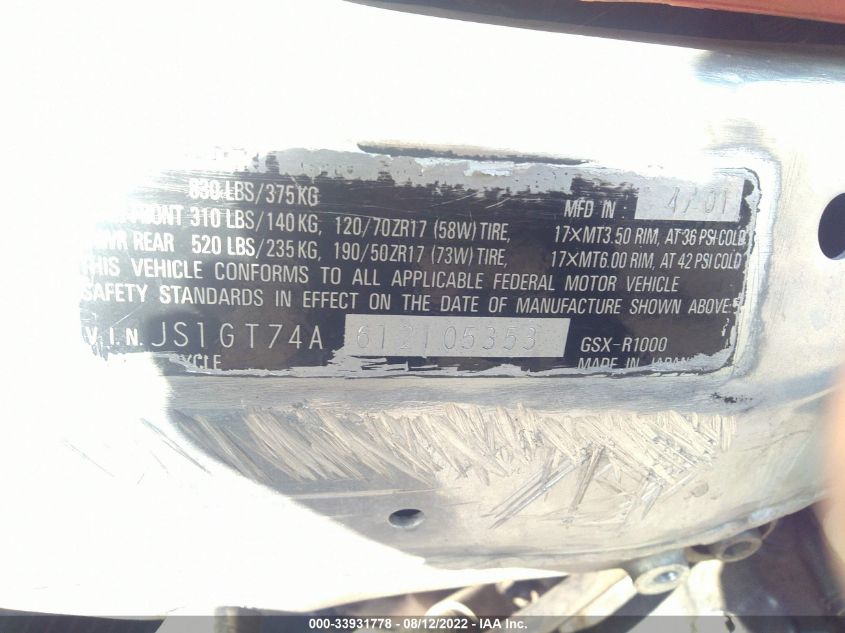 2001 SUZUKI GSX-R1000 JS1GT74A612105353