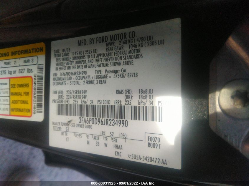 2018 FORD FUSION TITANIUM 3FA6P0D96JR234990