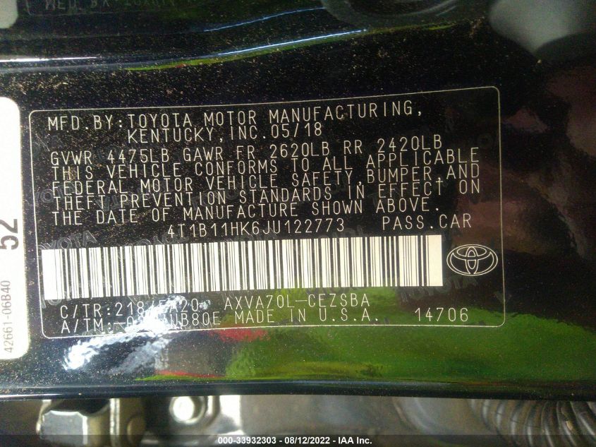 2018 TOYOTA CAMRY LE/SE/XLE/L - 4T1B11HK6JU122773