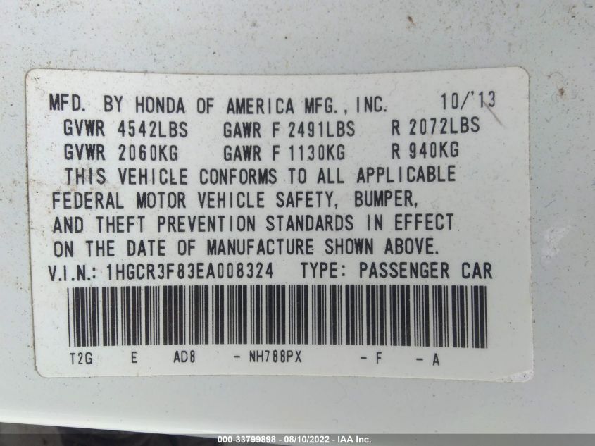 2014 HONDA ACCORD EXL 1HGCR3F83EA008324