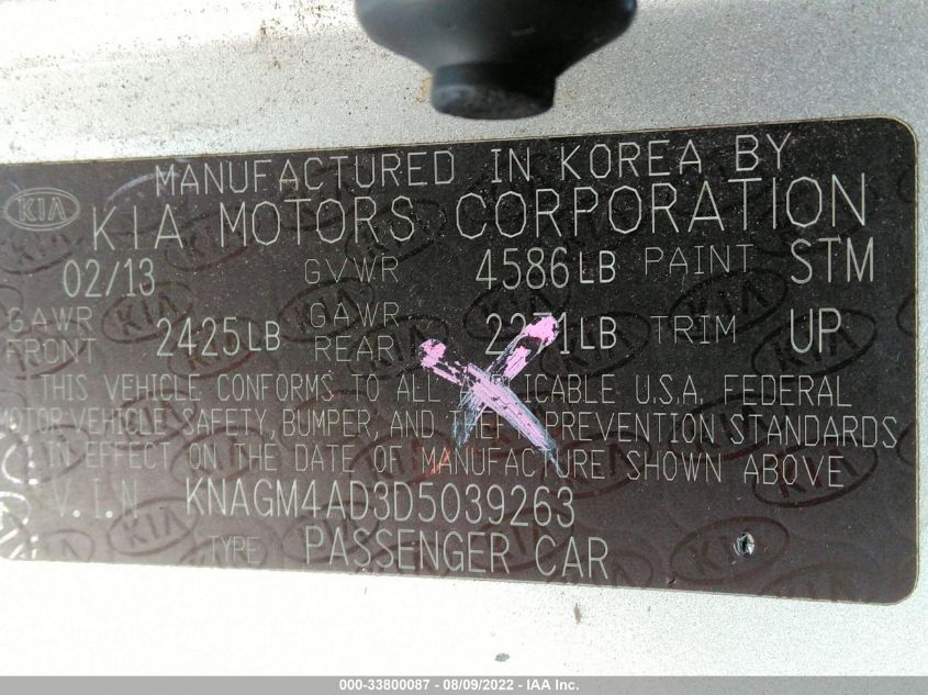 2013 KIA OPTIMA HYBRID EX KNAGM4AD3D5039263