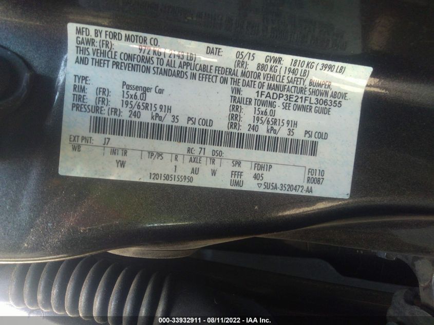 2015 FORD FOCUS S 1FADP3E21FL306355