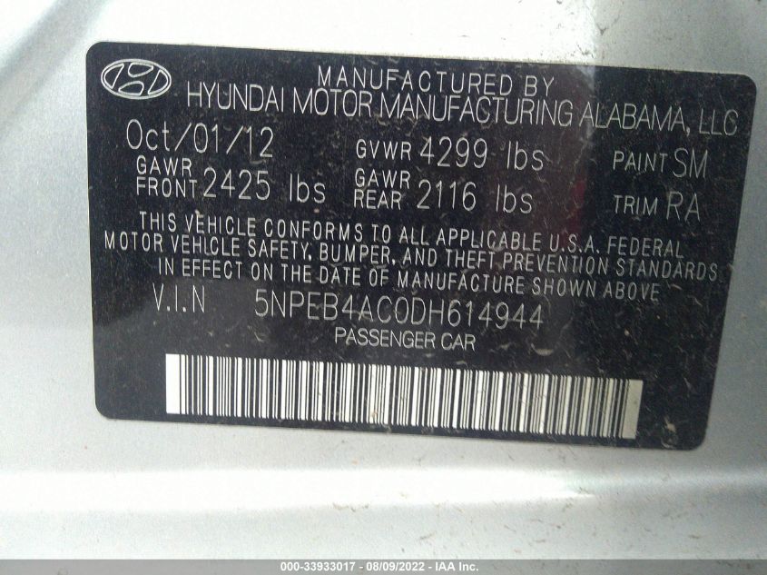 VIN 5NPEB4AC0DH614944 2013 HYUNDAI SONATA no.9