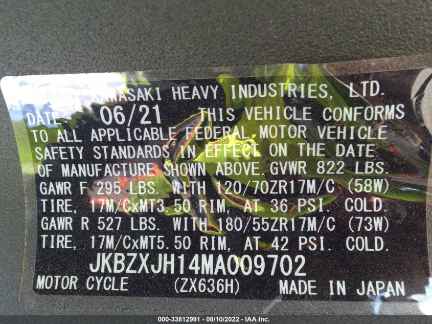 2021 KAWASAKI ZX636 K JKBZXJH14MA009702