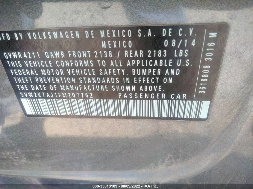 2015 VOLKSWAGEN JETTA SEDAN 2.0L S - 3VW2K7AJ1FM207762