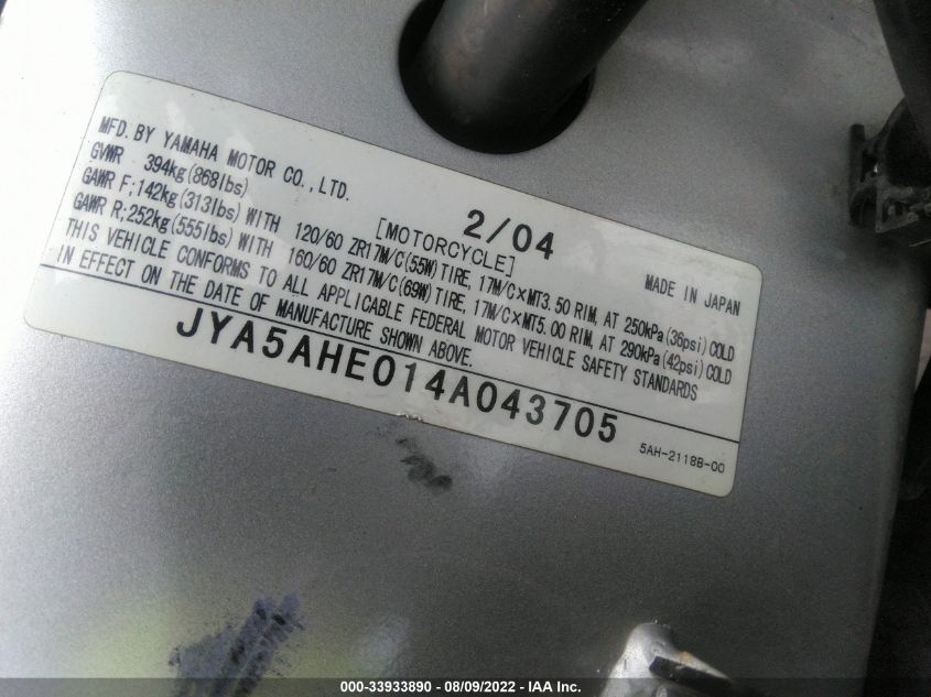 2004 YAMAHA YZF600 R JYA5AHE014A043705