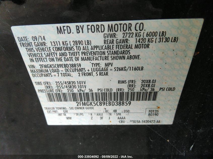 2014 FORD FLEX SEL 2FMGK5C89EBD38859