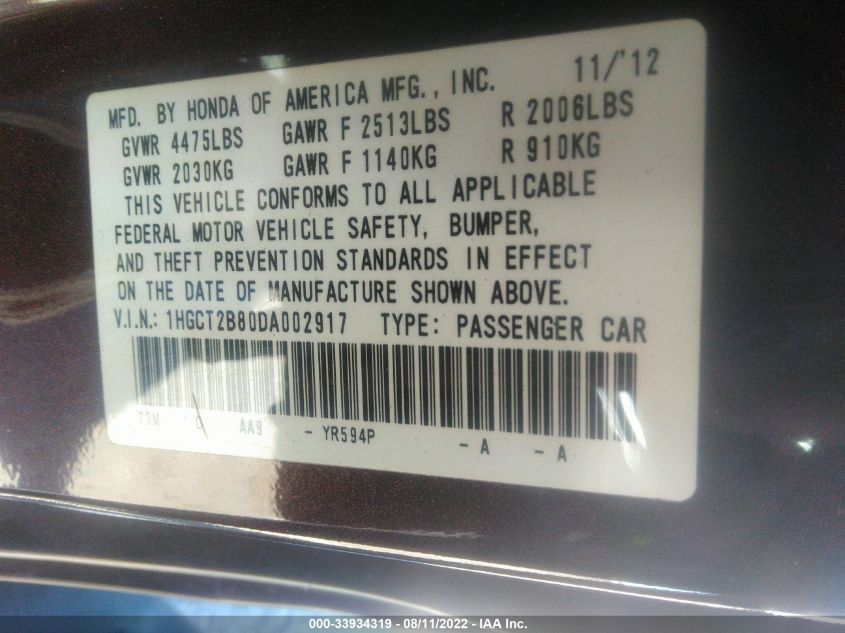 2013 HONDA ACCORD CPE EX-L 1HGCT2B80DA002917