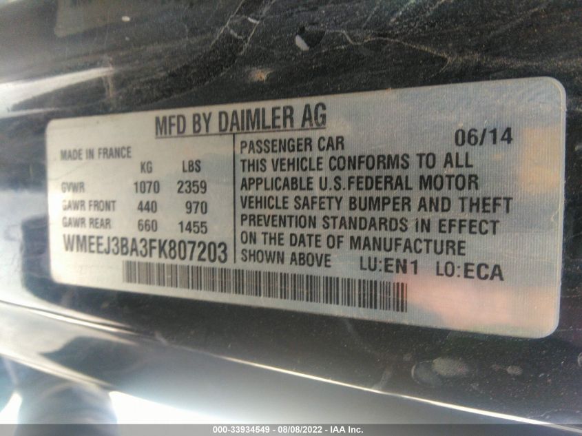 2015 SMART FORTWO PASSION/PURE WMEEJ3BA3FK807203
