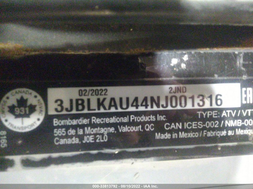 2022 CAN-AM OUTLANDER XT 850/XT-P 850 3JBLKAU44NJ001316