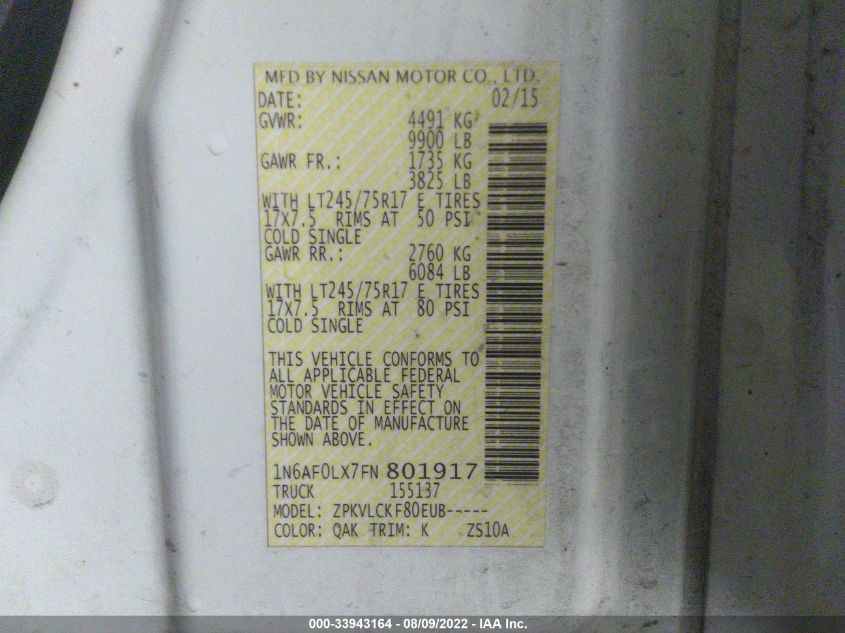2015 NISSAN NV S 1N6AF0LX7FN801917