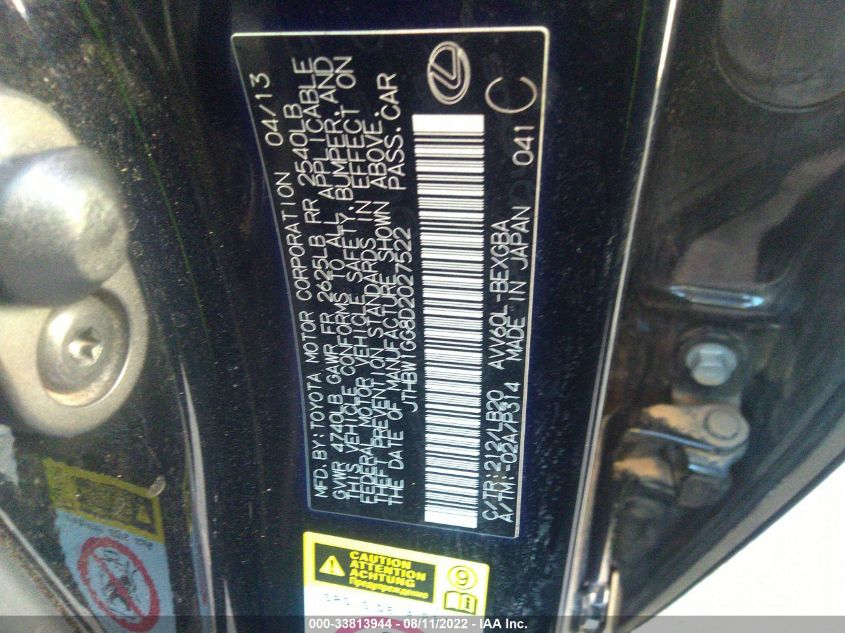 2013 LEXUS ES 300H HYBRID JTHBW1GG8D2027522