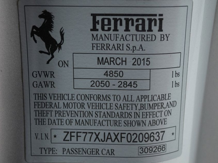 2015 FERRARI CALIFORNIA T ZFF77XJAXF0209637