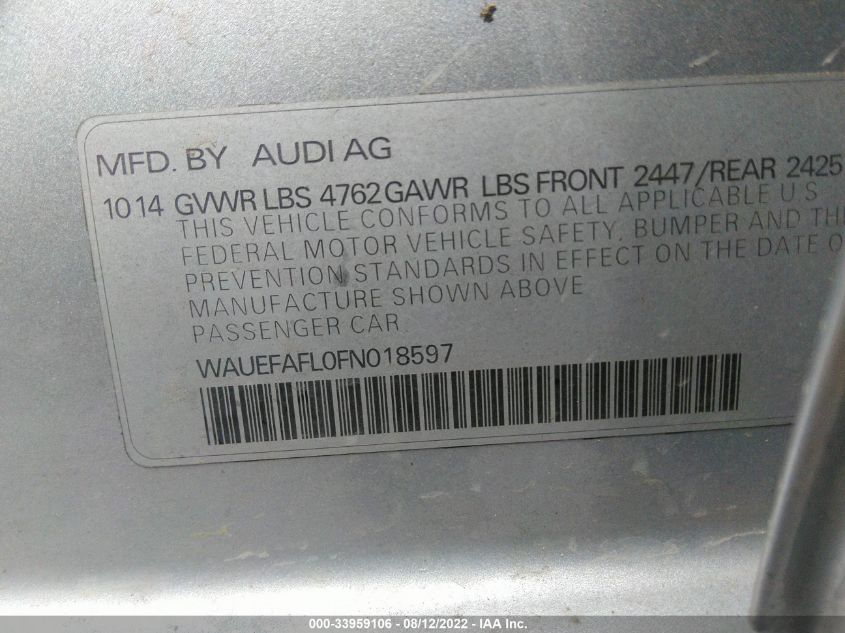 2015 AUDI A4 PREMIUM PLUS WAUEFAFL0FN018597
